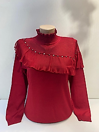 YARIM BALIKÇI YAKA TÜL DETAY TRİKO KAZAK